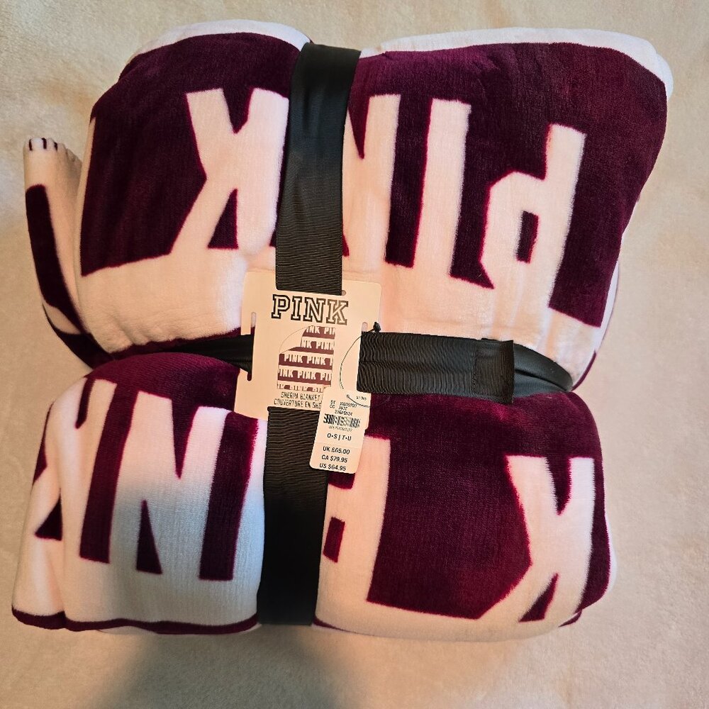 NWT VS PINK Large Sherpa Blanket Burgendy & White